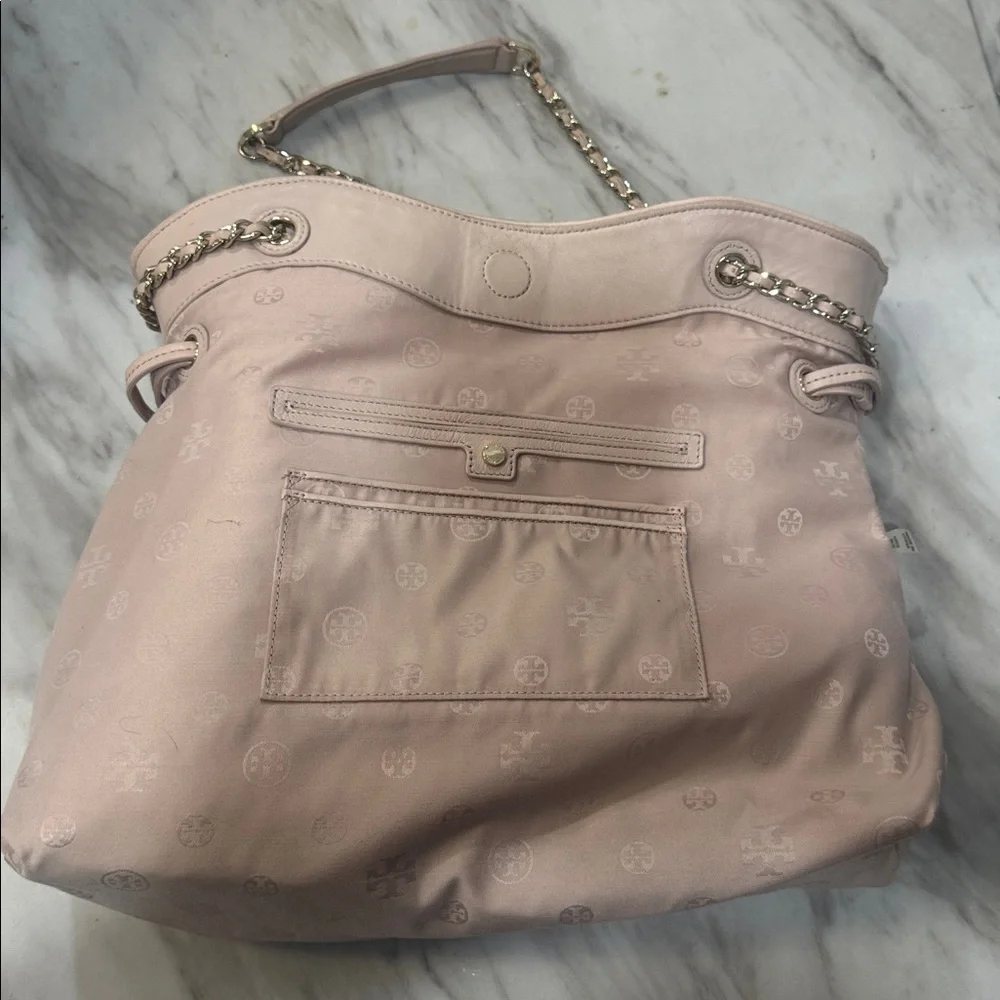 Tory Burch Marion Quilted Leather Slouchy Tote Shoulder Bag Peach Colored